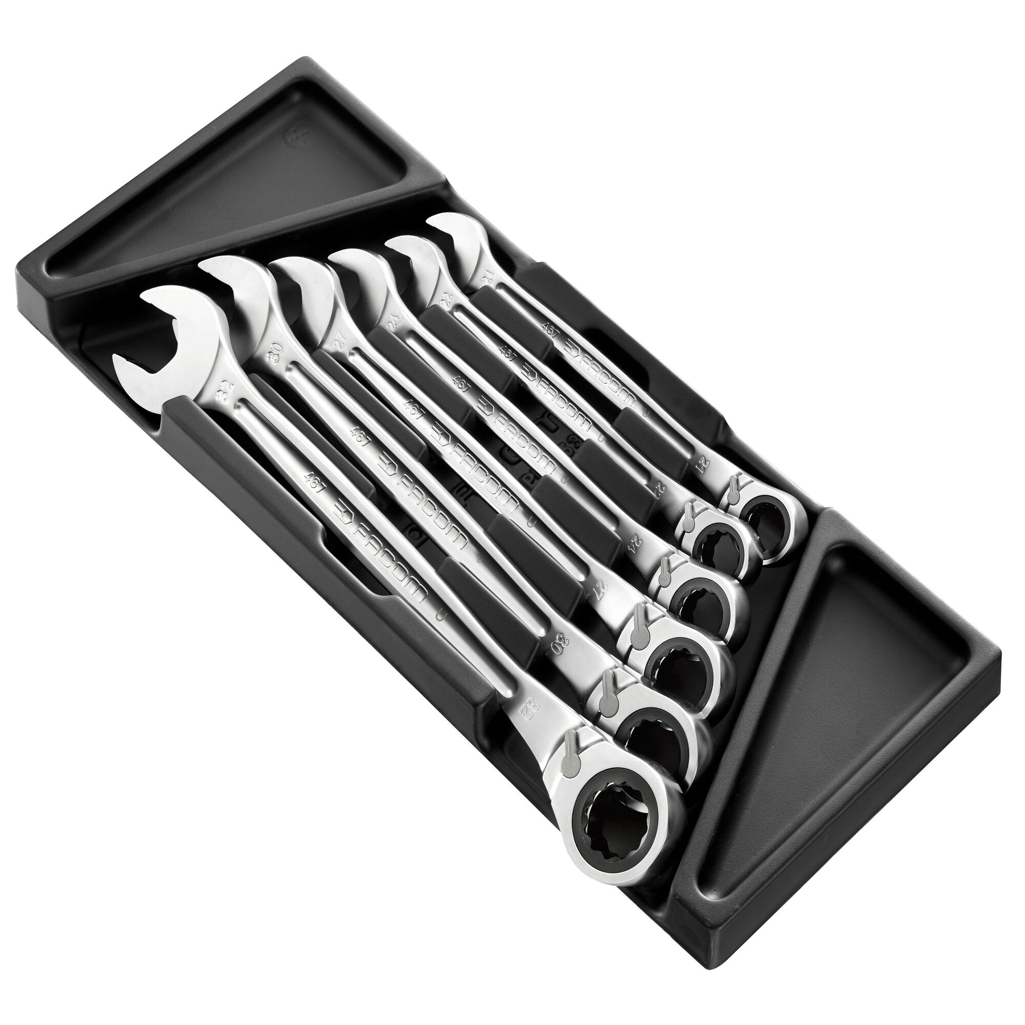 Facom MOD.467BXLPB set of six ratcheting combination wrenches in a black tray, angled top view.
